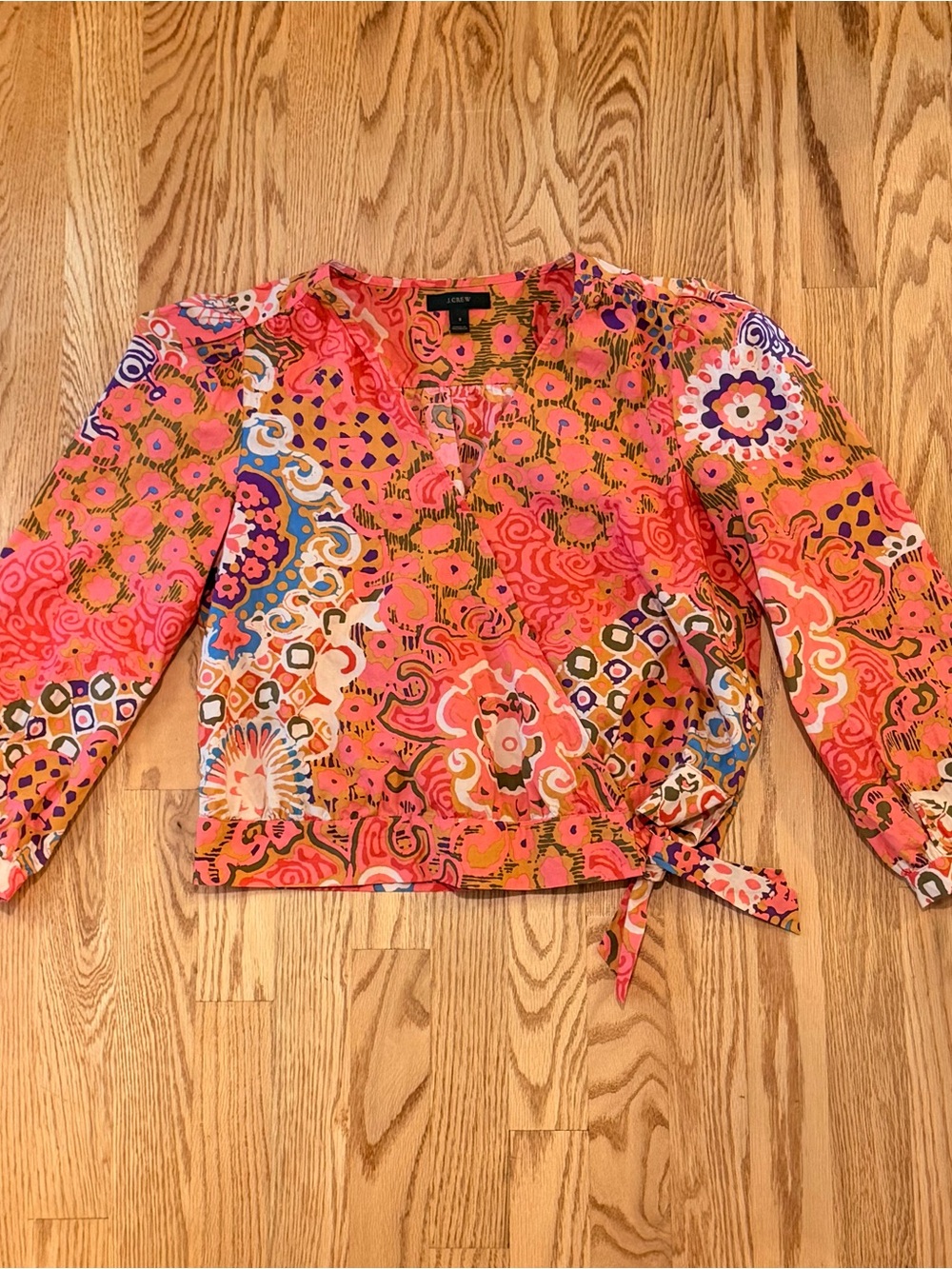 J Crew Pink and Orange Floral Wrap-Front Blouse